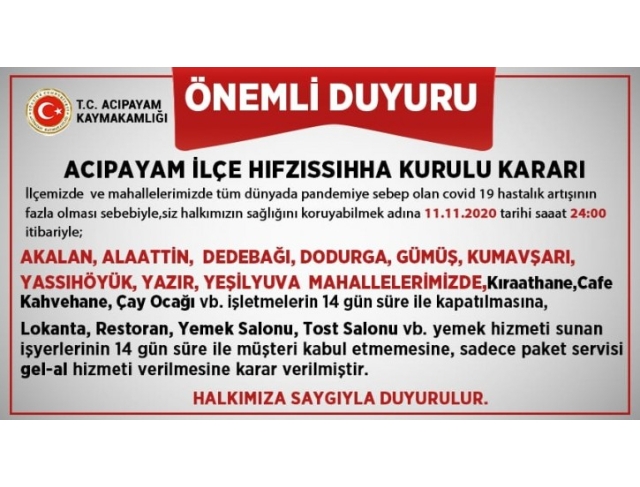 Acıpayam İlçesi Hıfzıssıhha Kurulu Kararı