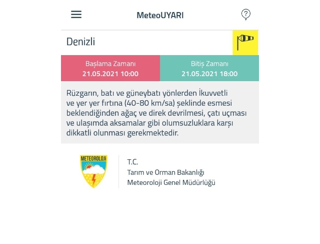 Denizli için kuvvetli rüzgar ve fırtına uyarısı