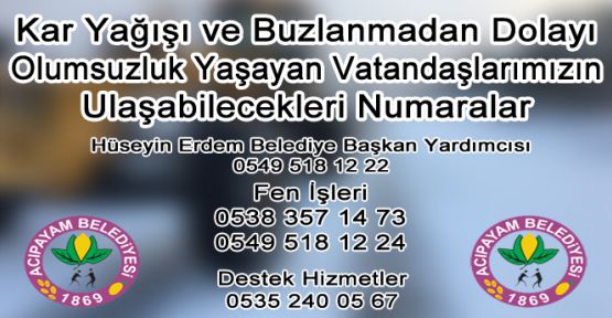 BELEDİYE YETKİLİLERİNE ULAŞABİLECEĞİNİZ TELEFON NUMARALARI