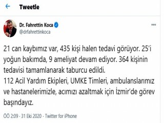 Sağlık Bakanı Koca: “21 can kaybımız var, 435 kişi halen tedavi görüyor”